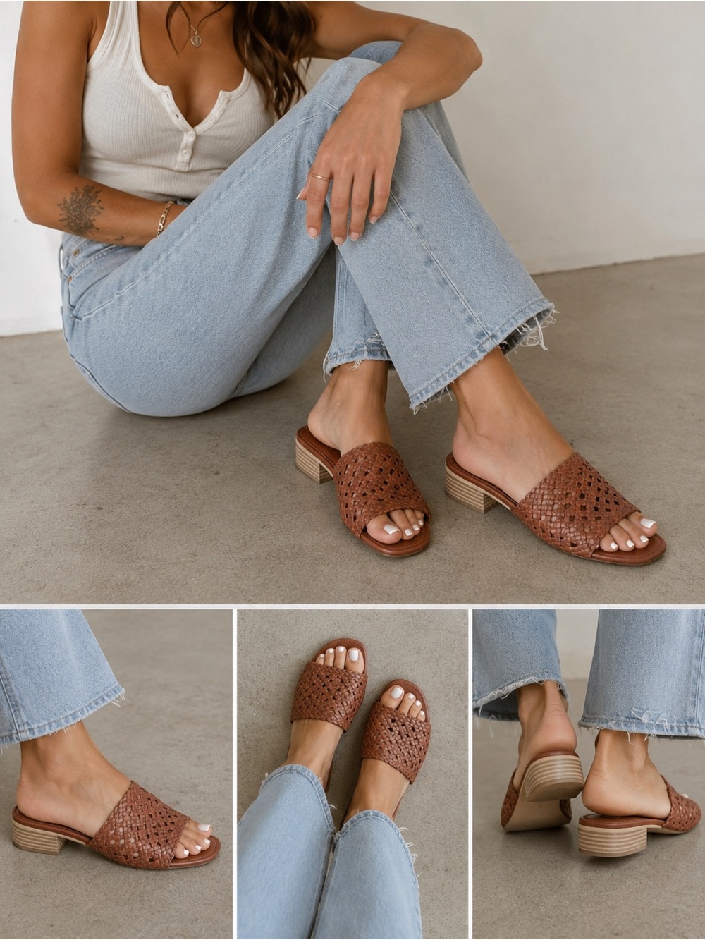 Eileen Fisher Woven Leather Slide Sandals Brown Block Heel NWOT Women’s 9.5